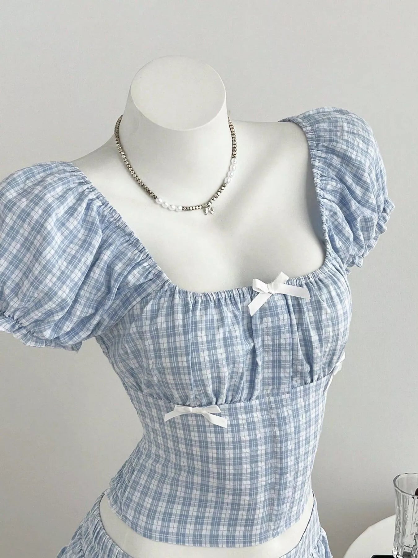 Plaid Puff Sleeve Blouse and Skirt Set Trendsi