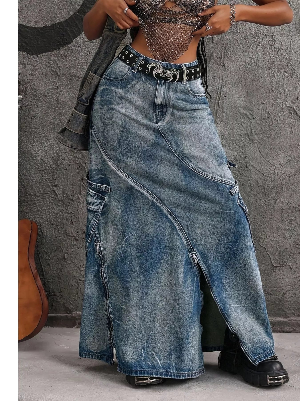 High-Waisted Denim Maxi Skirt with Zipper Slit Trendsi