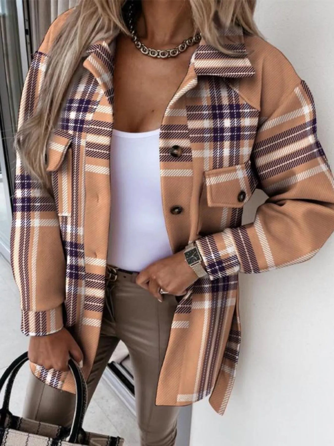Button Up Long Sleeve Plaid Outerwear 