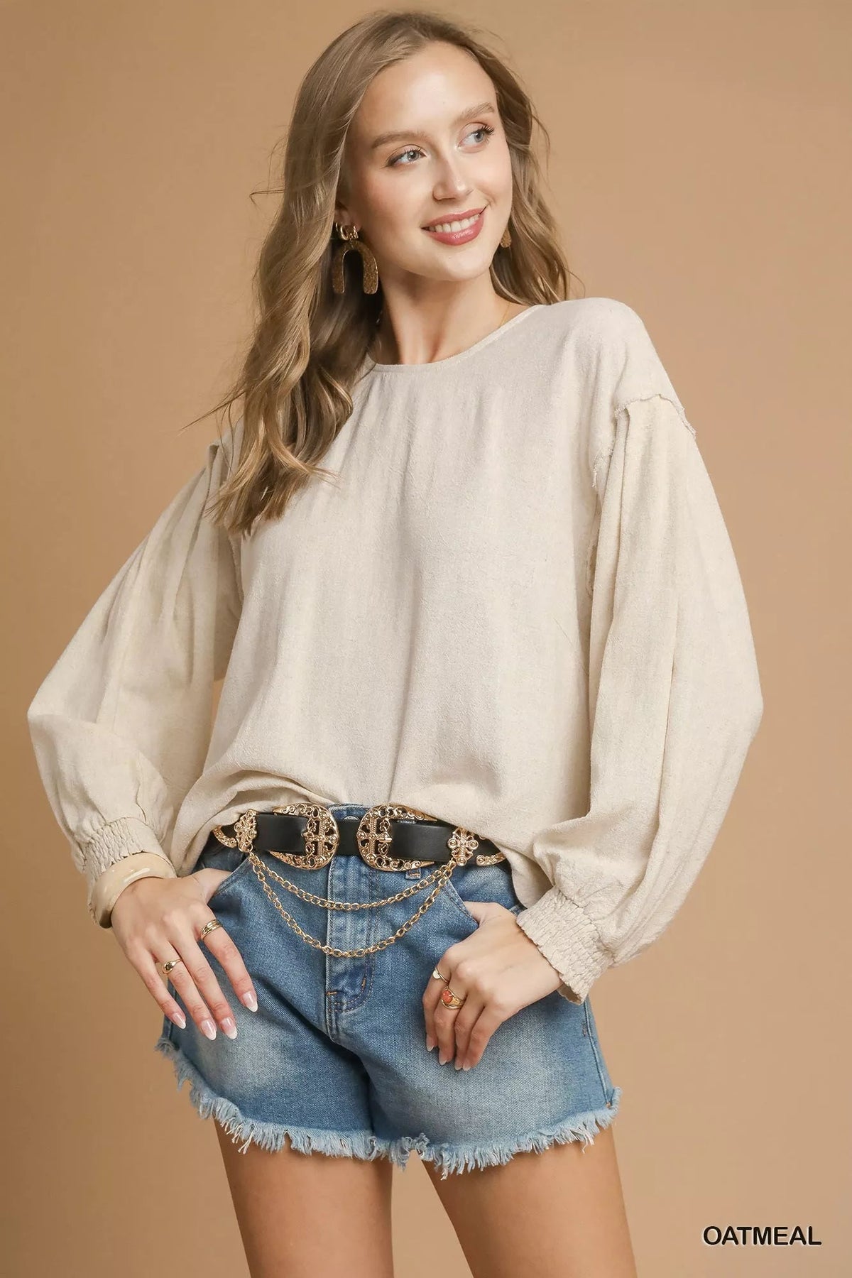 Umgee Linen Scallop Hem Long Sleeve Blouse Trendsi