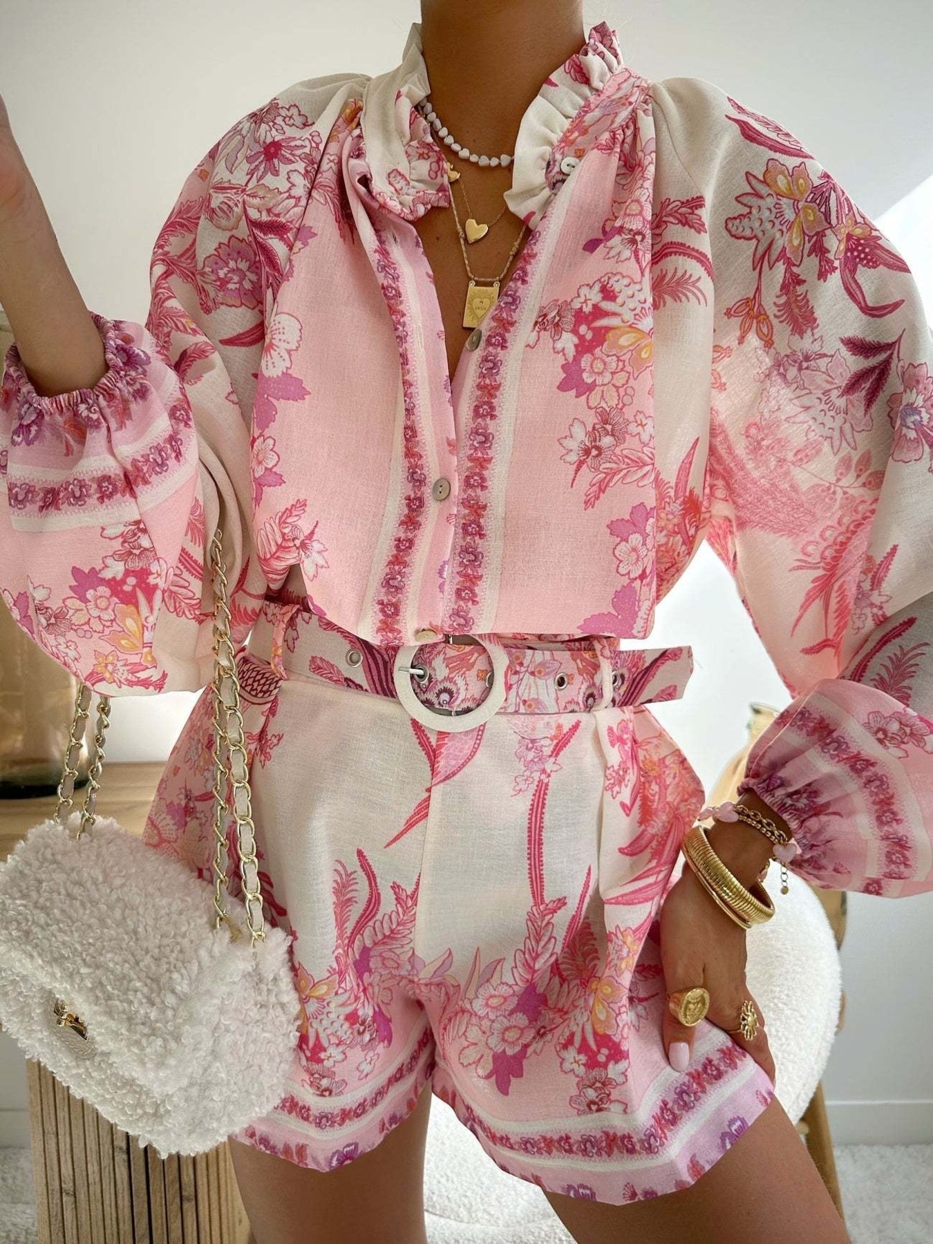 Floral Print Button Up Shirt and Shorts Set Trendsi