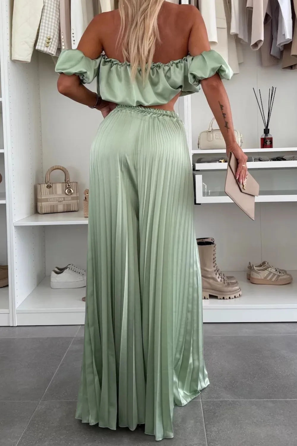 Off-Shoulder Top and Pleated Pants Set Luckygirlsclothingcompany.com