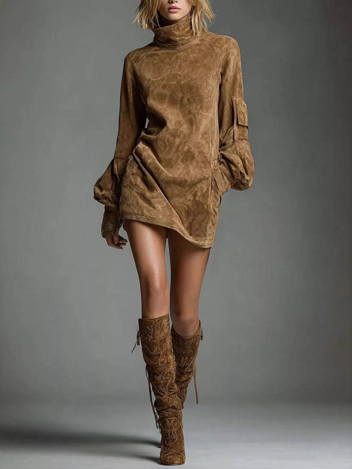 Turtleneck Lantern Sleeve Mini Dress with Pockets 
