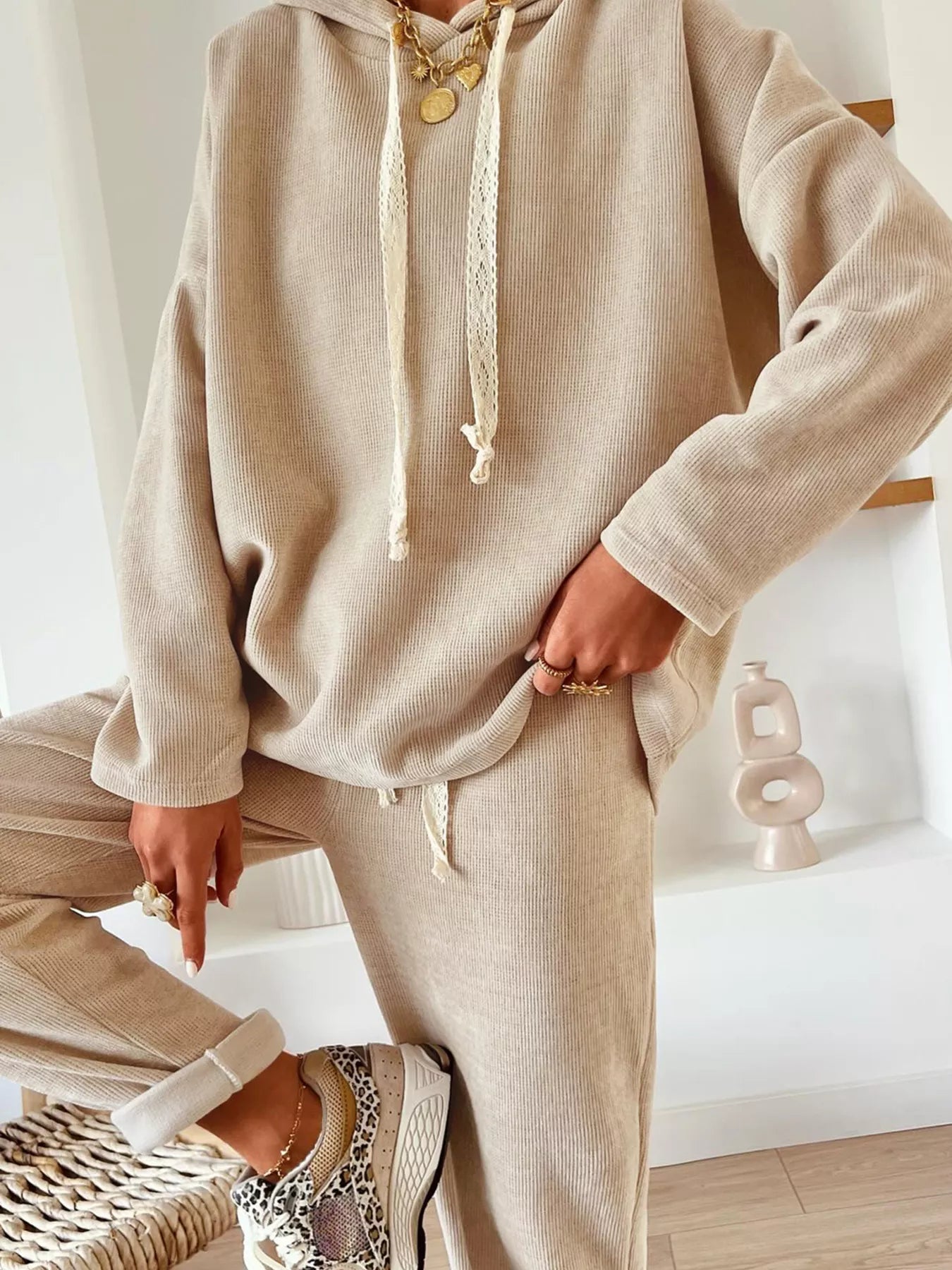 Lace Drawstring Hoodie and High Waist Pants Corduroy Suit Trendsi