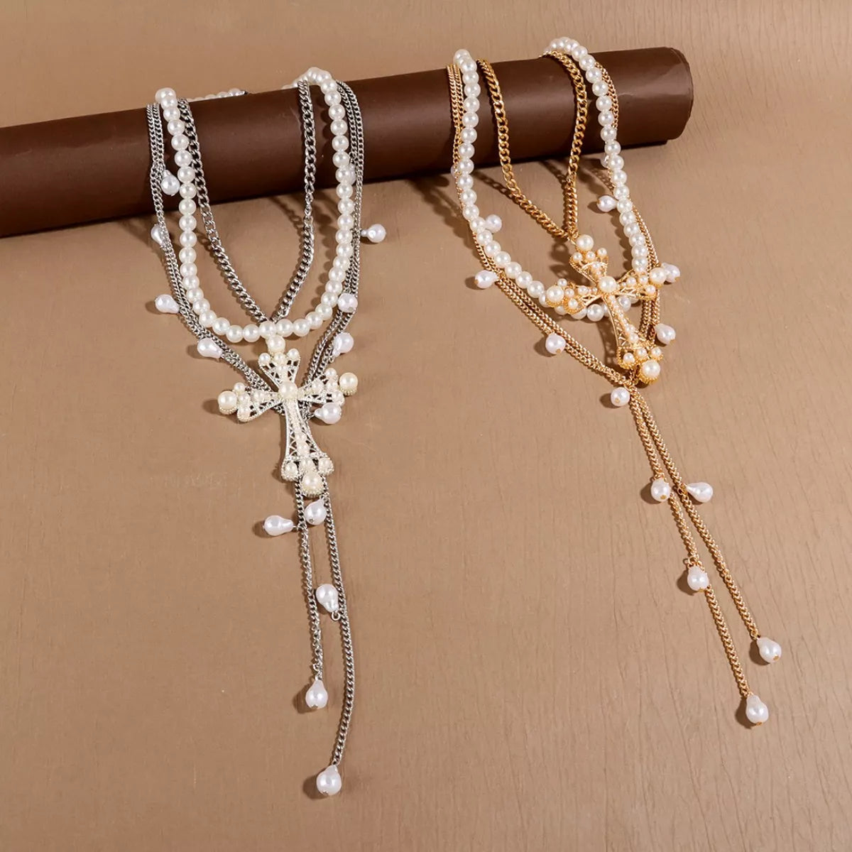 Pearl Cross Pendant Necklace 3 Piece Set Trendsi