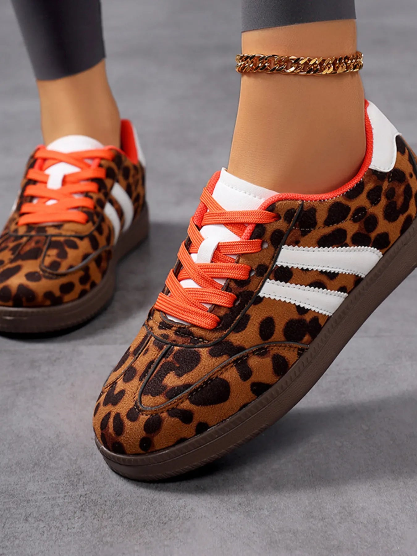 Leopard Print Stripe Detail Lace-up Sneakers Trendsi