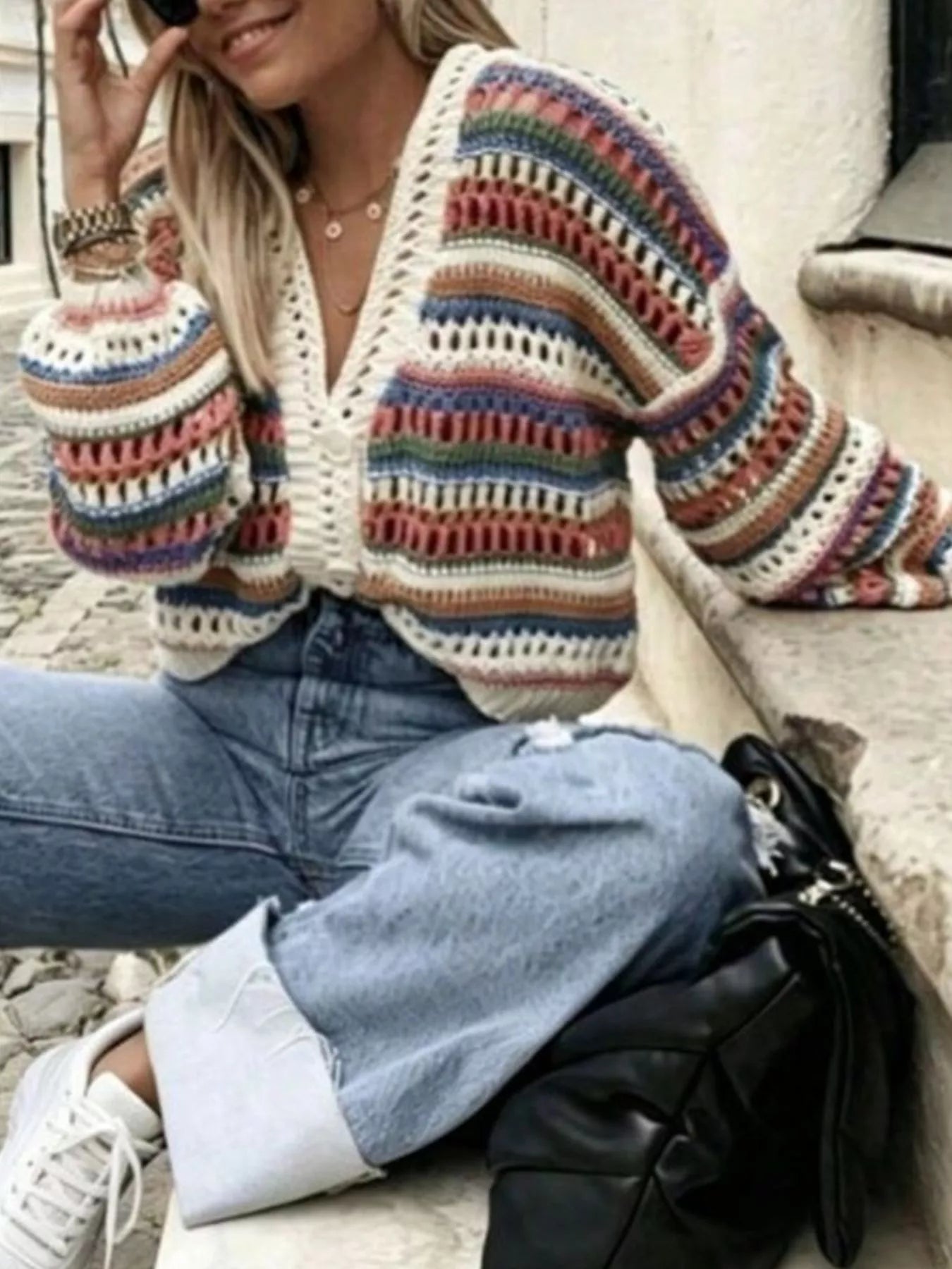 Striped Crochet Knit Cardigan Trendsi