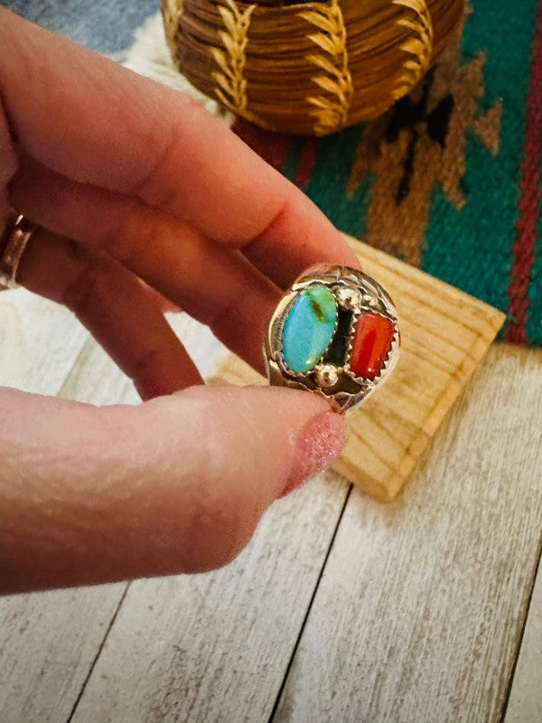 Navajo Turquoise, Coral & Sterling Silver Ring 
