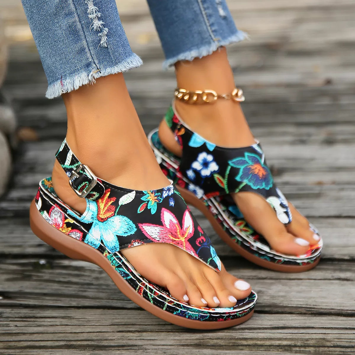 Floral Thong Wedge Sandals Trendsi