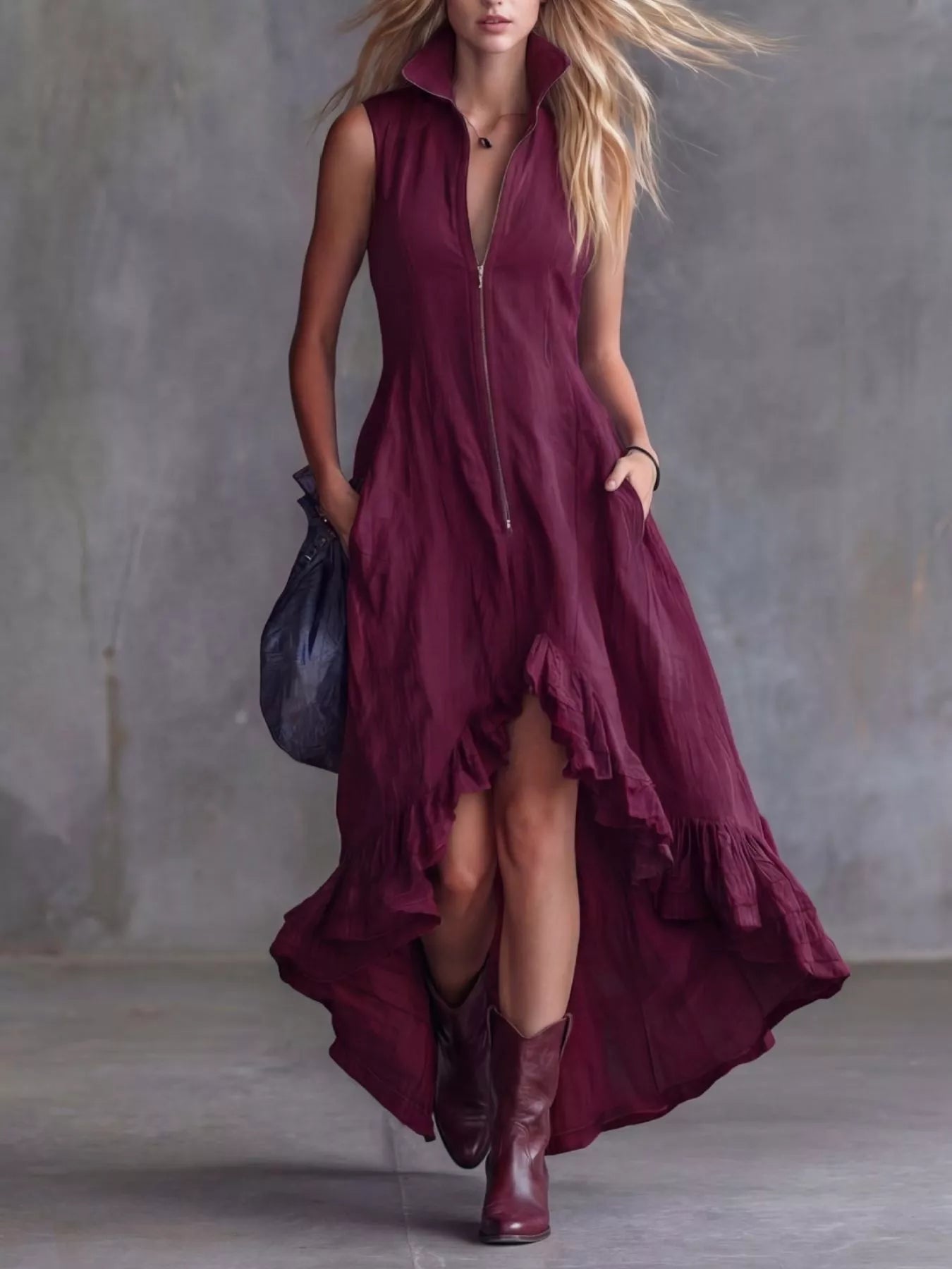 Full Size High-Low Ruffled Zip Front Dress Plus Size Trendsi
