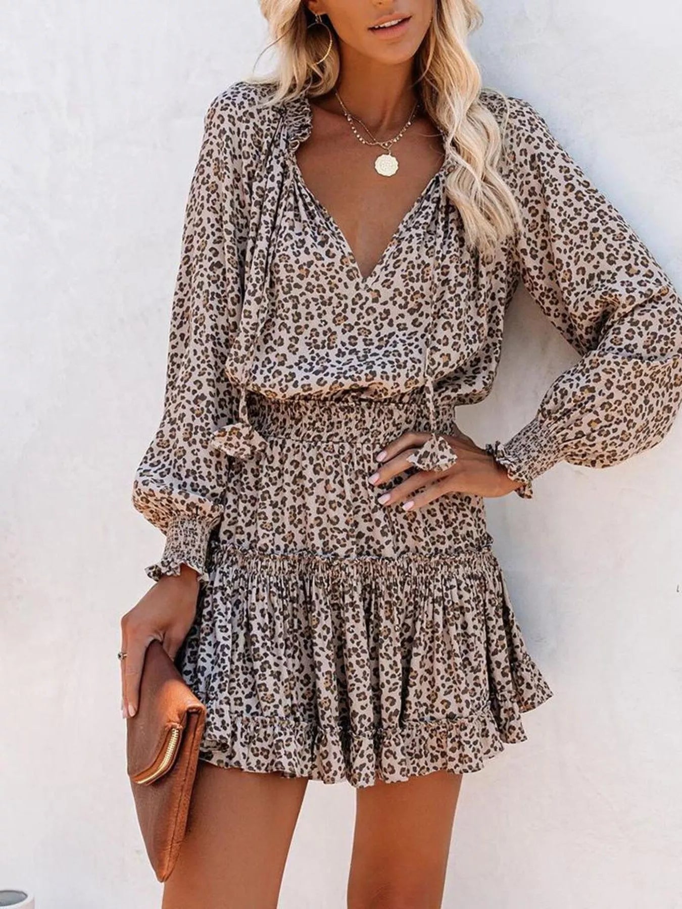 Tie Neck Lantern Sleeve Dress Trendsi