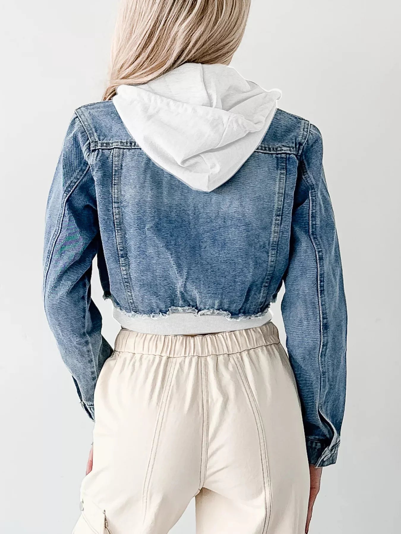 Distressed Zip Up Cropped Hooded Denim Jacket Trendsi