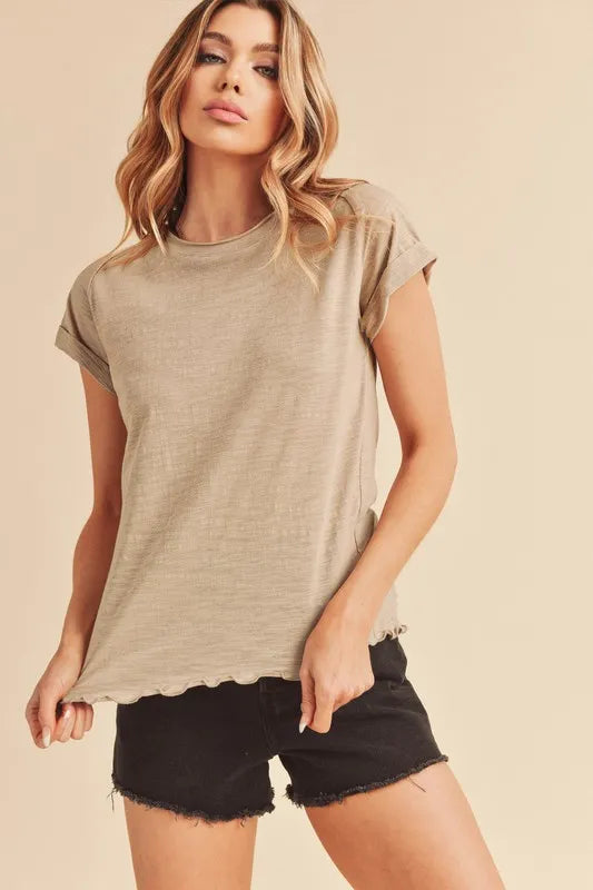 Aemi + Co Lettuce Edge Round Neck Short Sleeve T-Shirt 