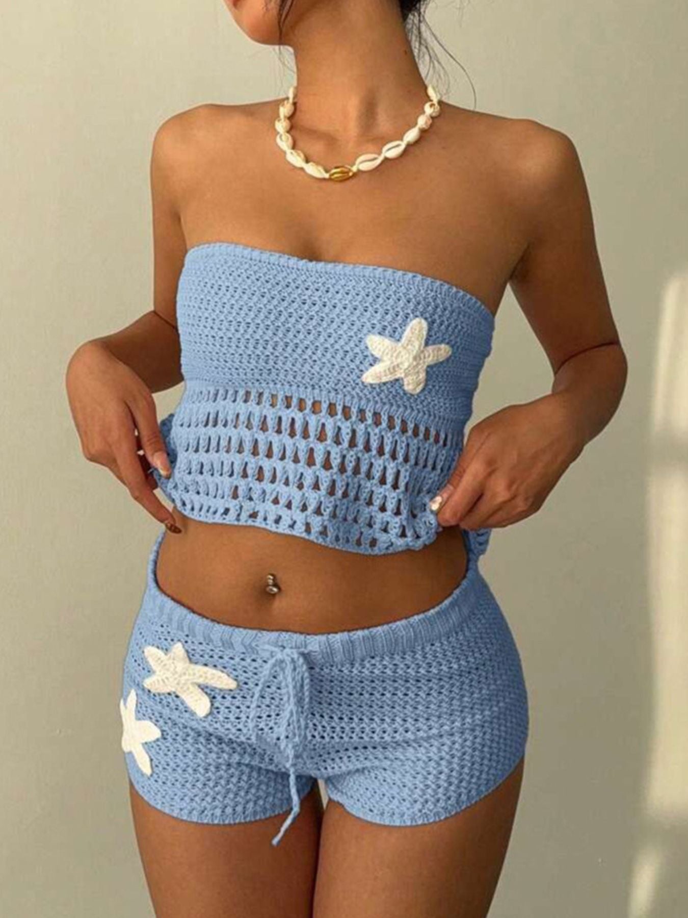 Crochet Tube Top and Shorts Sweater Set 
