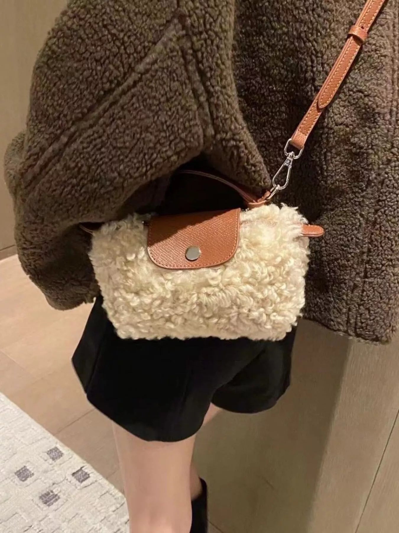 Fluffy Crossbody Bag with Leather Accents 