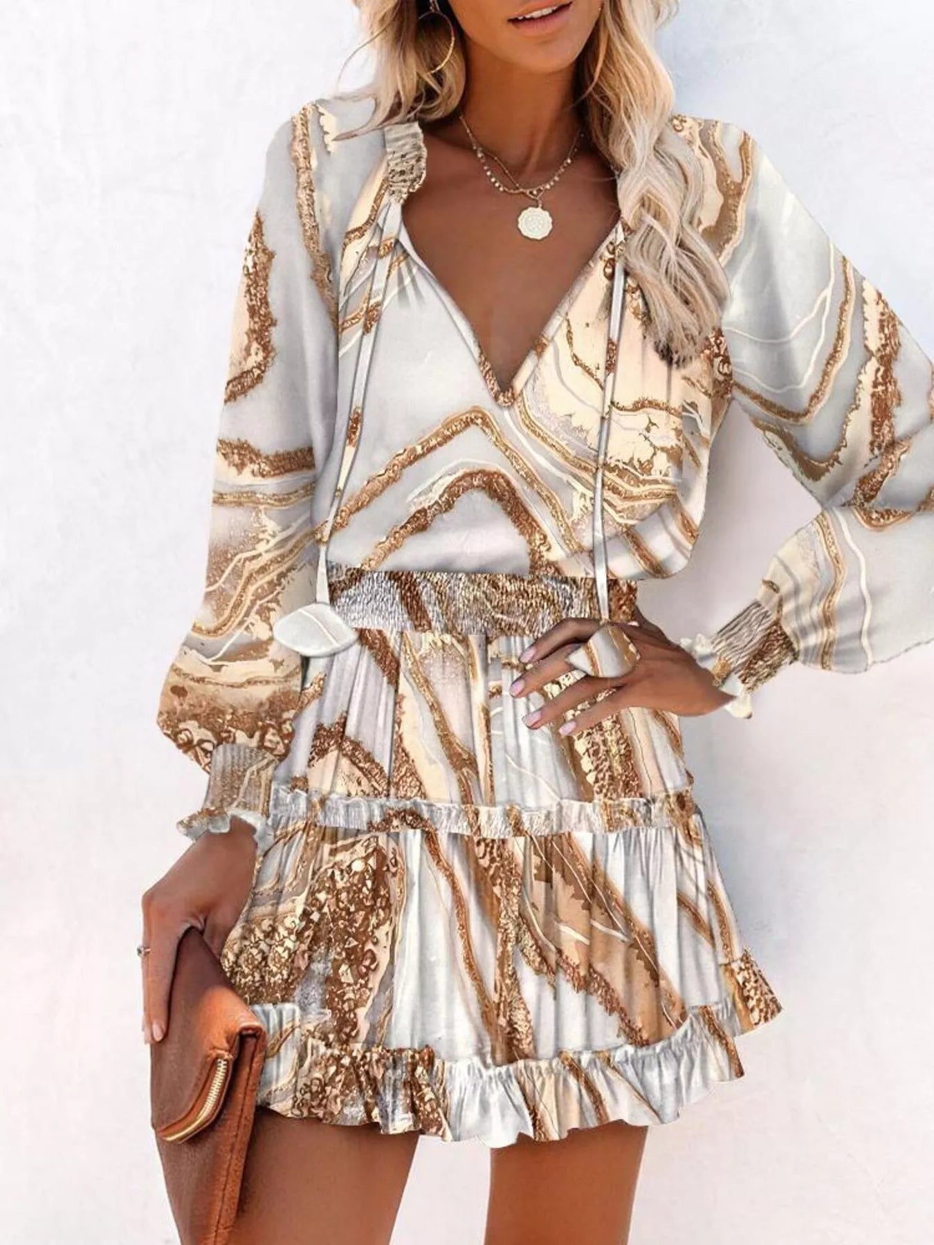 Tie Neck Lantern Sleeve Dress Trendsi