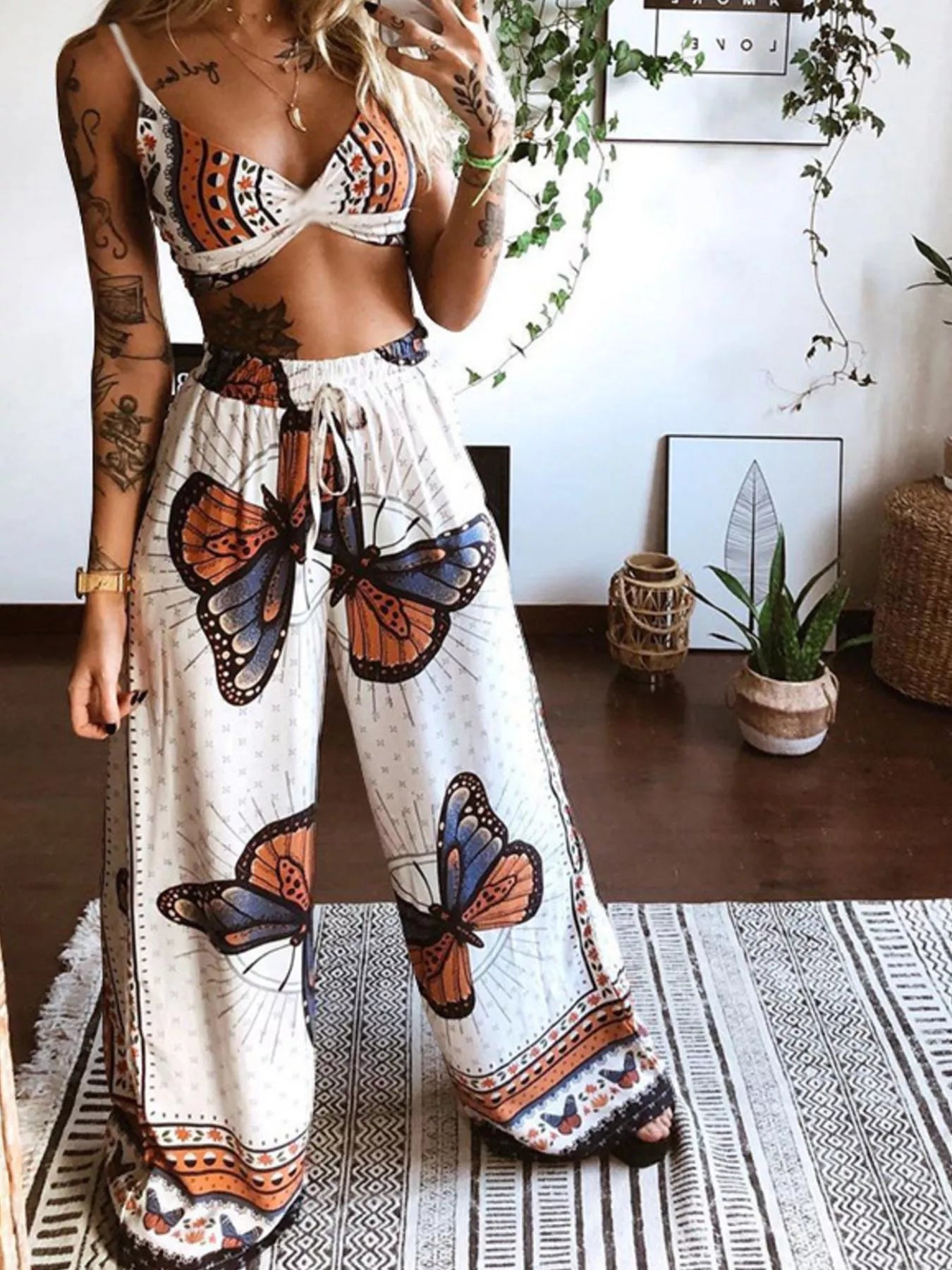 Boho Butterfly Print Top and Pants Set 