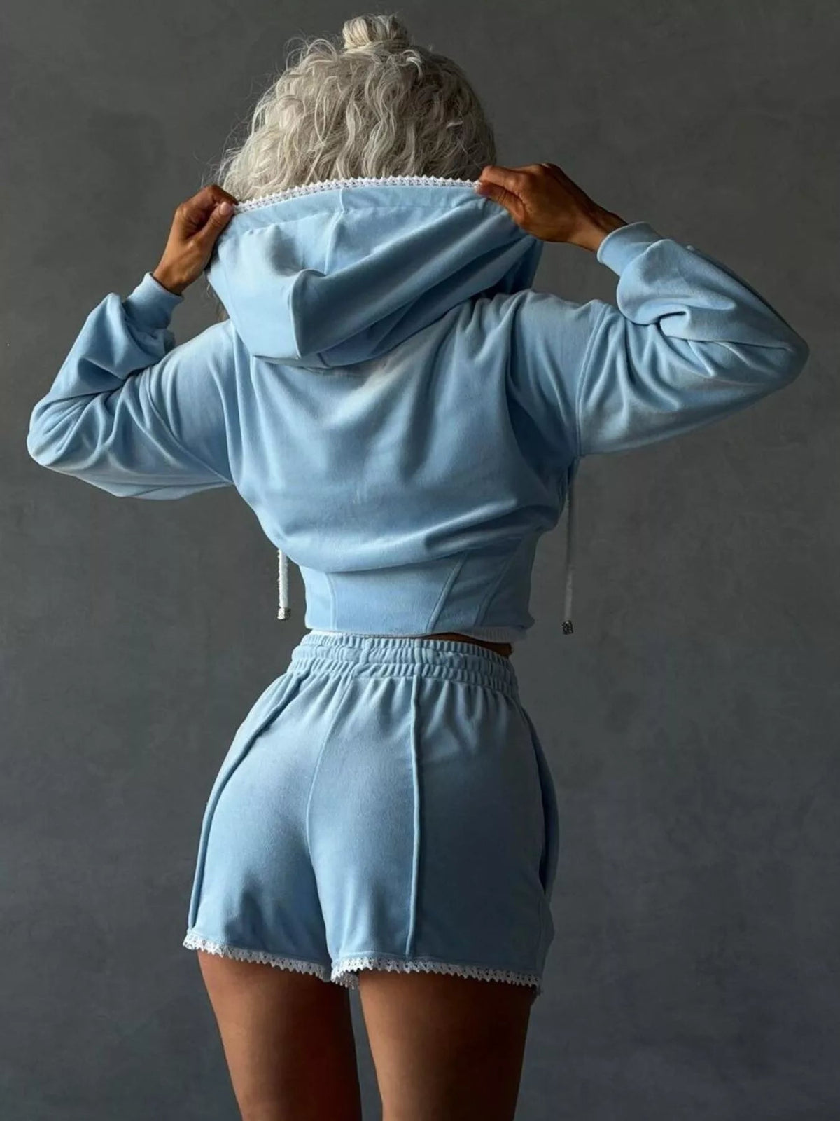 Drawstring Zip-Up Hoodie and Shorts Set 