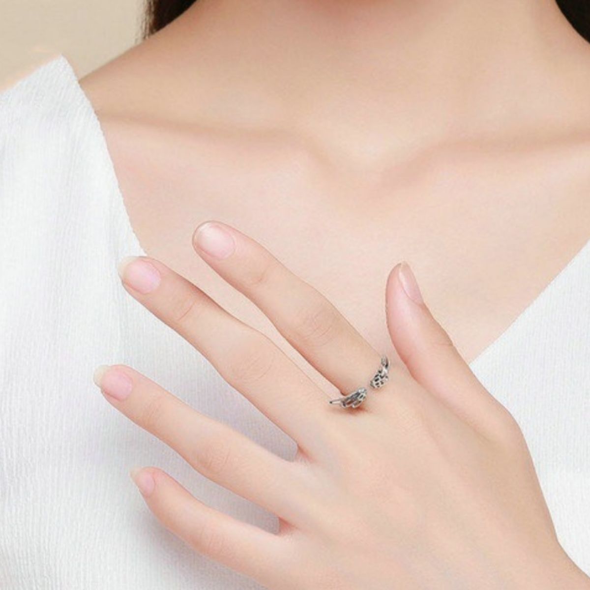 925 Sterling Silver Zircon Angel Wing Open Ring Trendsi