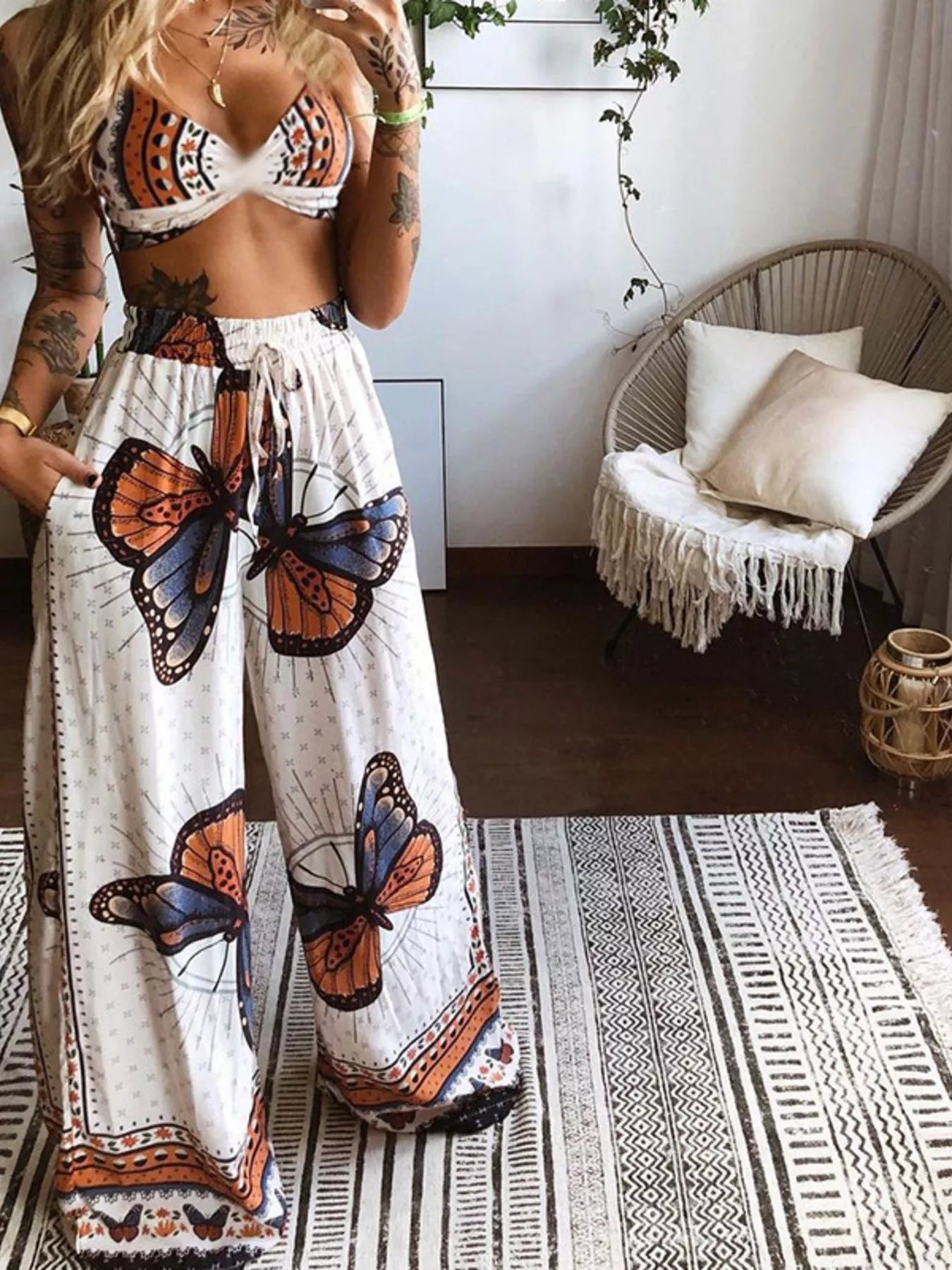 Boho Butterfly Print Top and Pants Set 