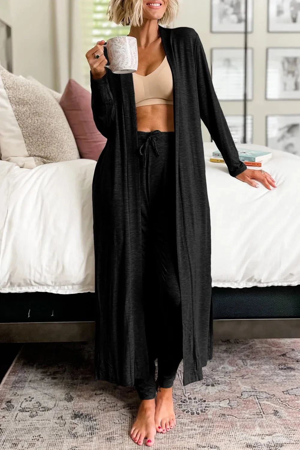 Open Front Long Sleeve Cardigan and Pants Lounge Set 