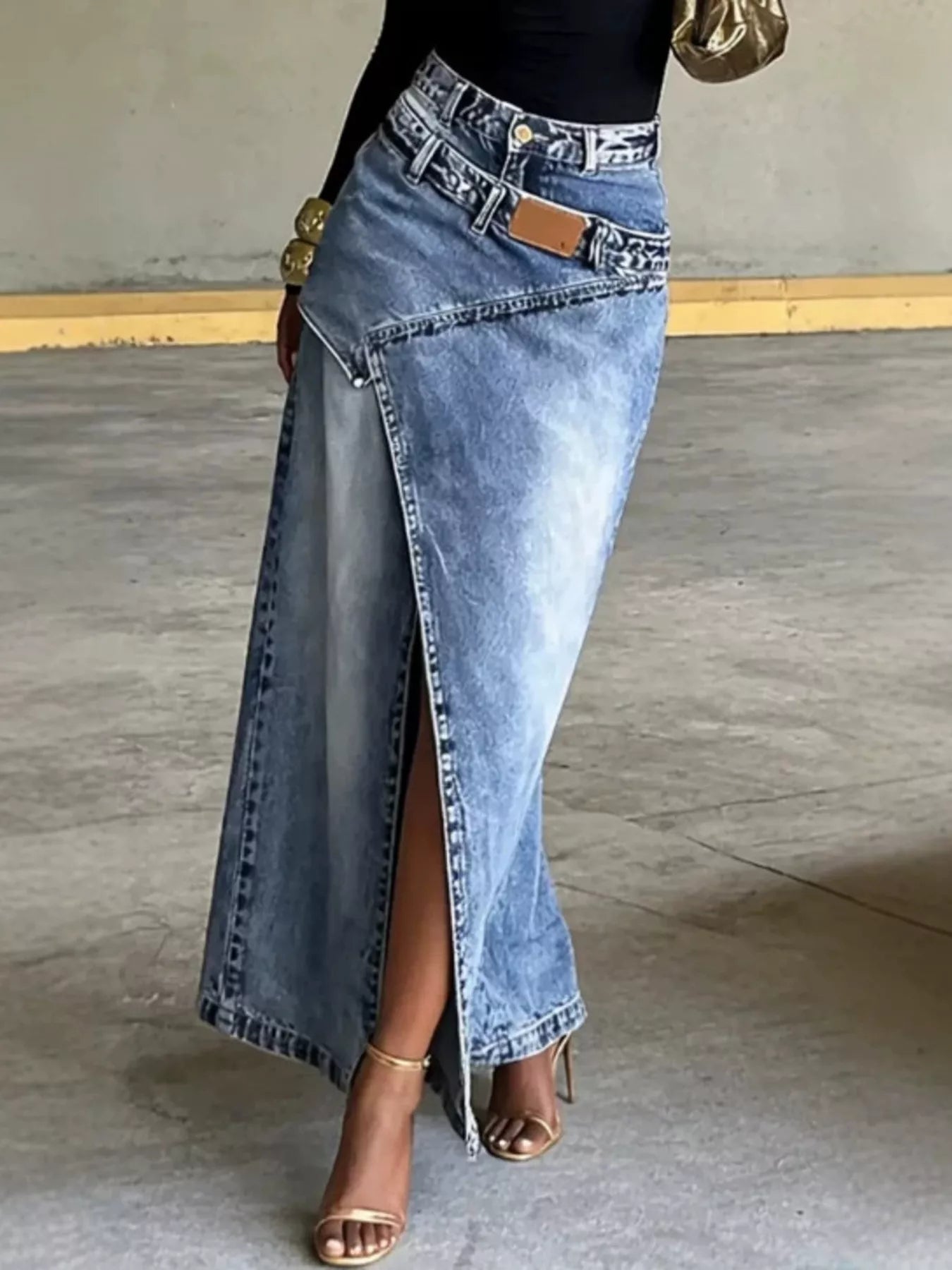 High-Waisted Asymmetric Slit Denim Maxi Skirt Trendsi
