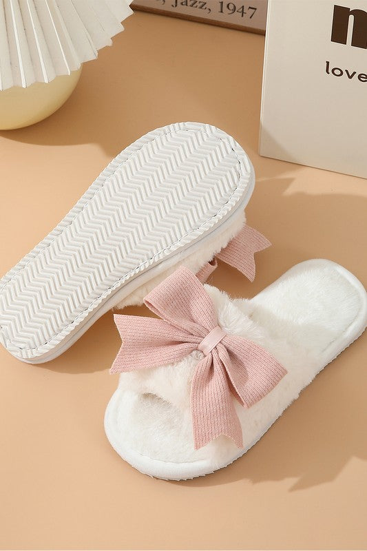 White Bow Knot Decor Open Toe Plush Slippers 