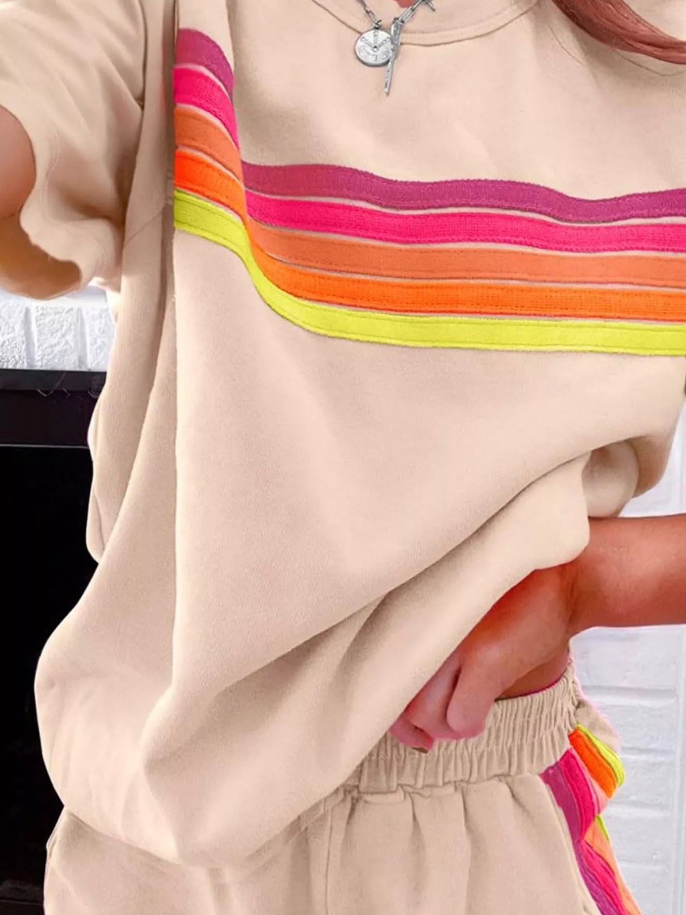 Rainbow Striped Round Neck Top and Shorts Set Trendsi