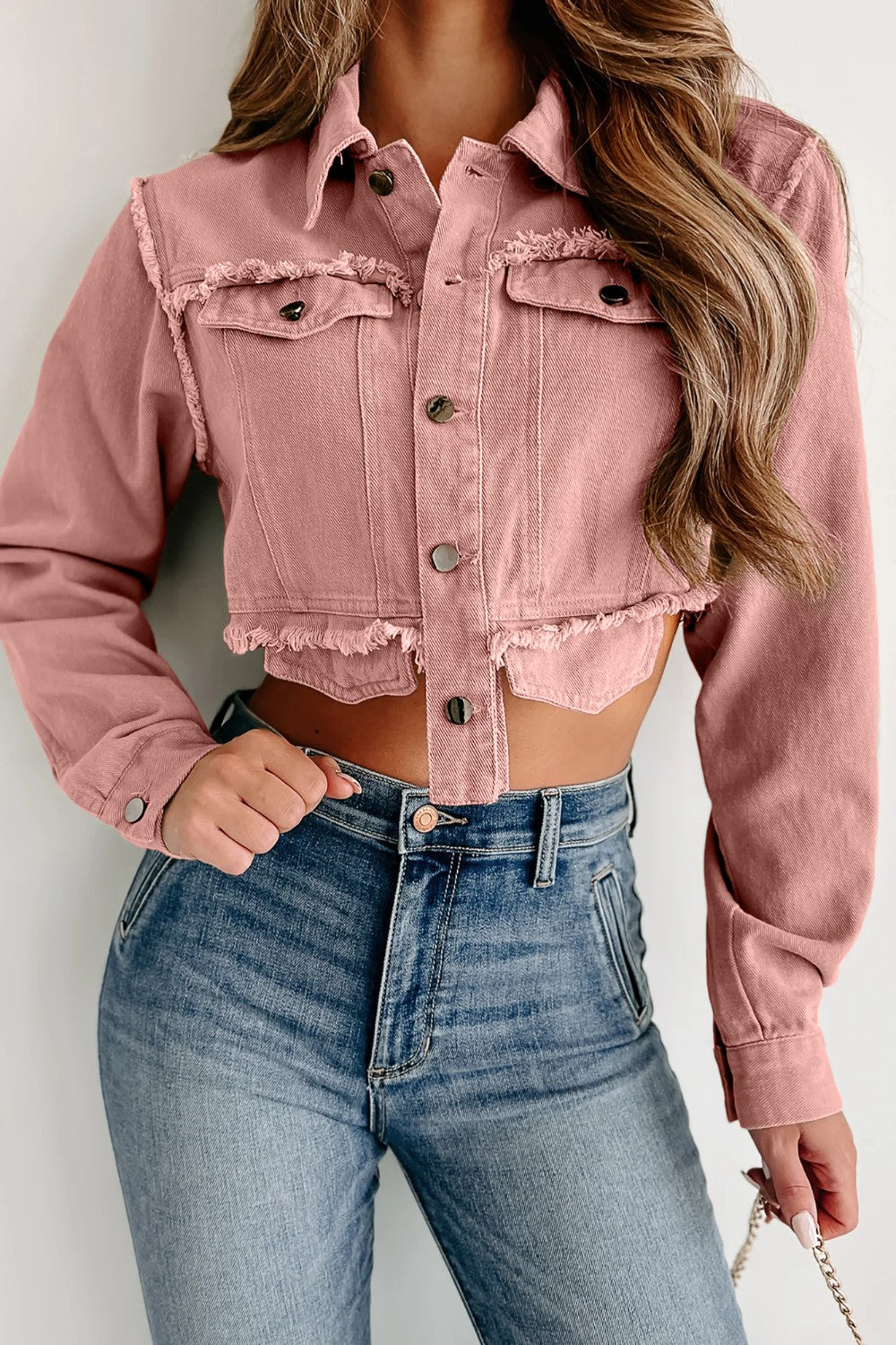 Raw Hem Button Up Cropped Denim Top Trendsi