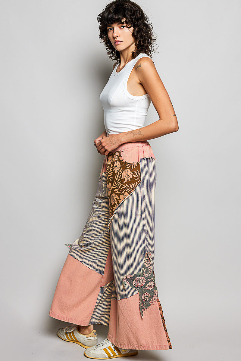 POL Striped Floral Patchwork Wide leg Pants with Side Big Star Patch Trendsi