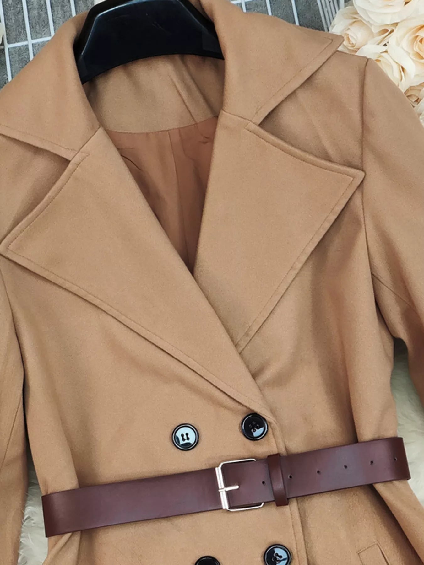 Double-Breasted Wool Blend Coat 