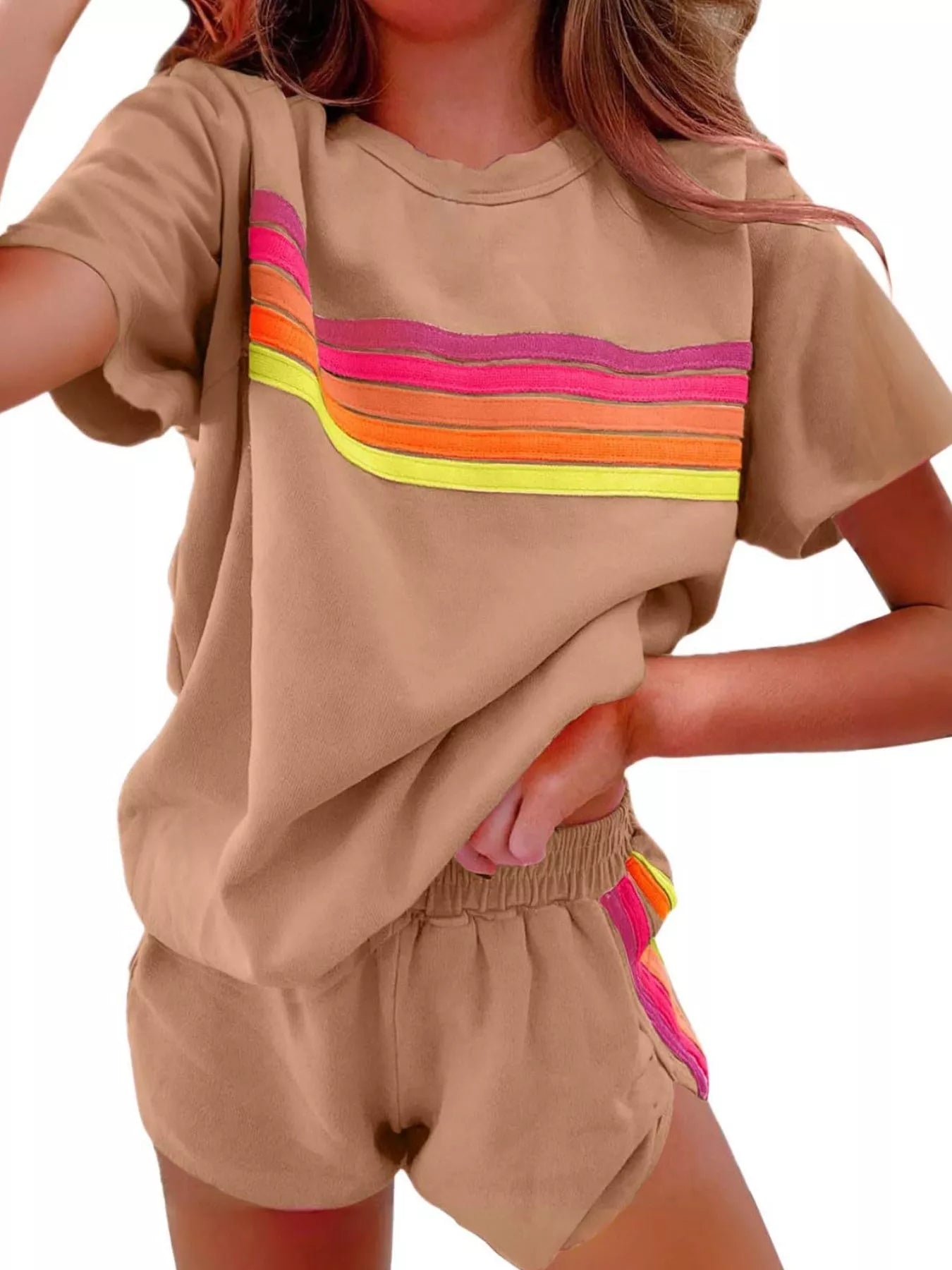 Rainbow Striped Round Neck Top and Shorts Set Trendsi