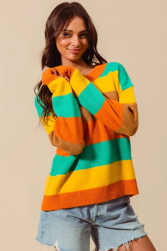 SO ME Multi Color Stripe Sweater with Ribbed Detail 