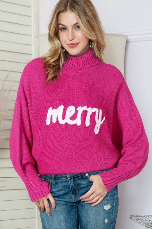 Christmas Merry Embroidered Puff Sleeve Turtleneck JUNIPER BLVD