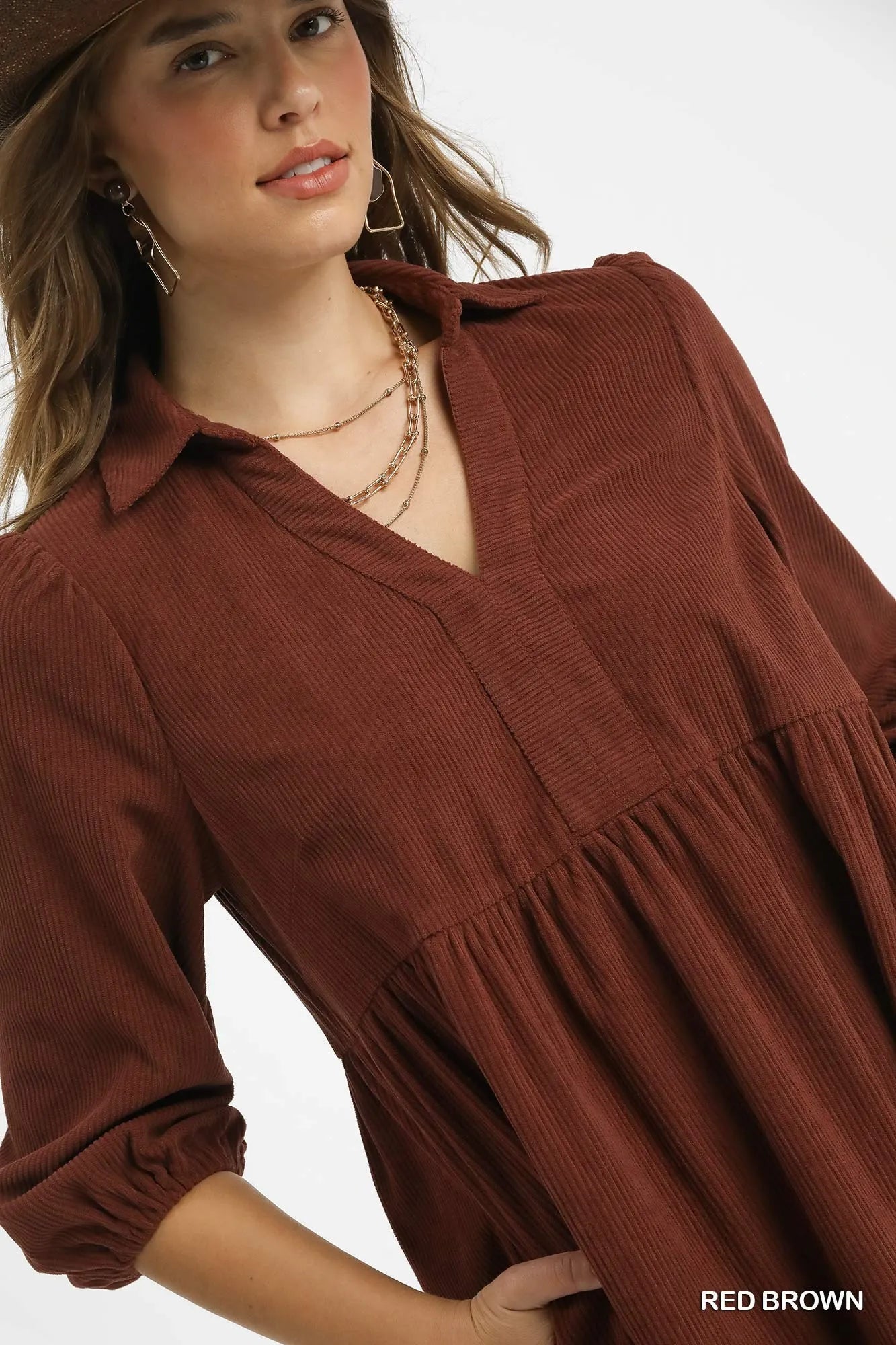 Umgee Tiered Corduroy Mini Dress with Balloon Sleeves Trendsi