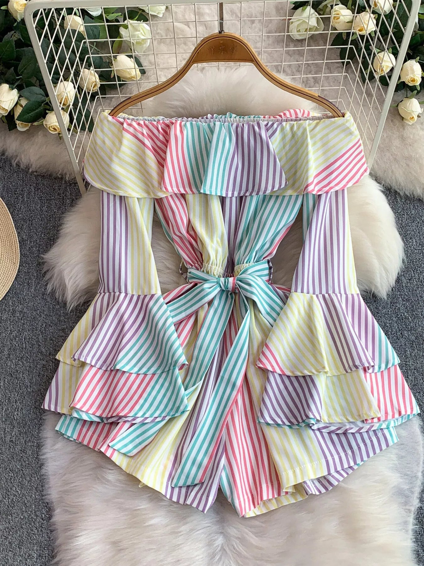Off-Shoulder Flounce Sleeve Romper Trendsi
