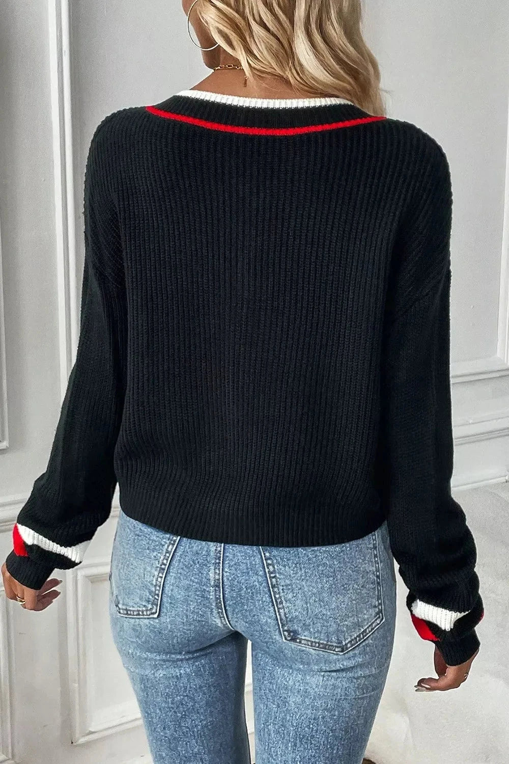 V-Neck Striped Trim Sweater 