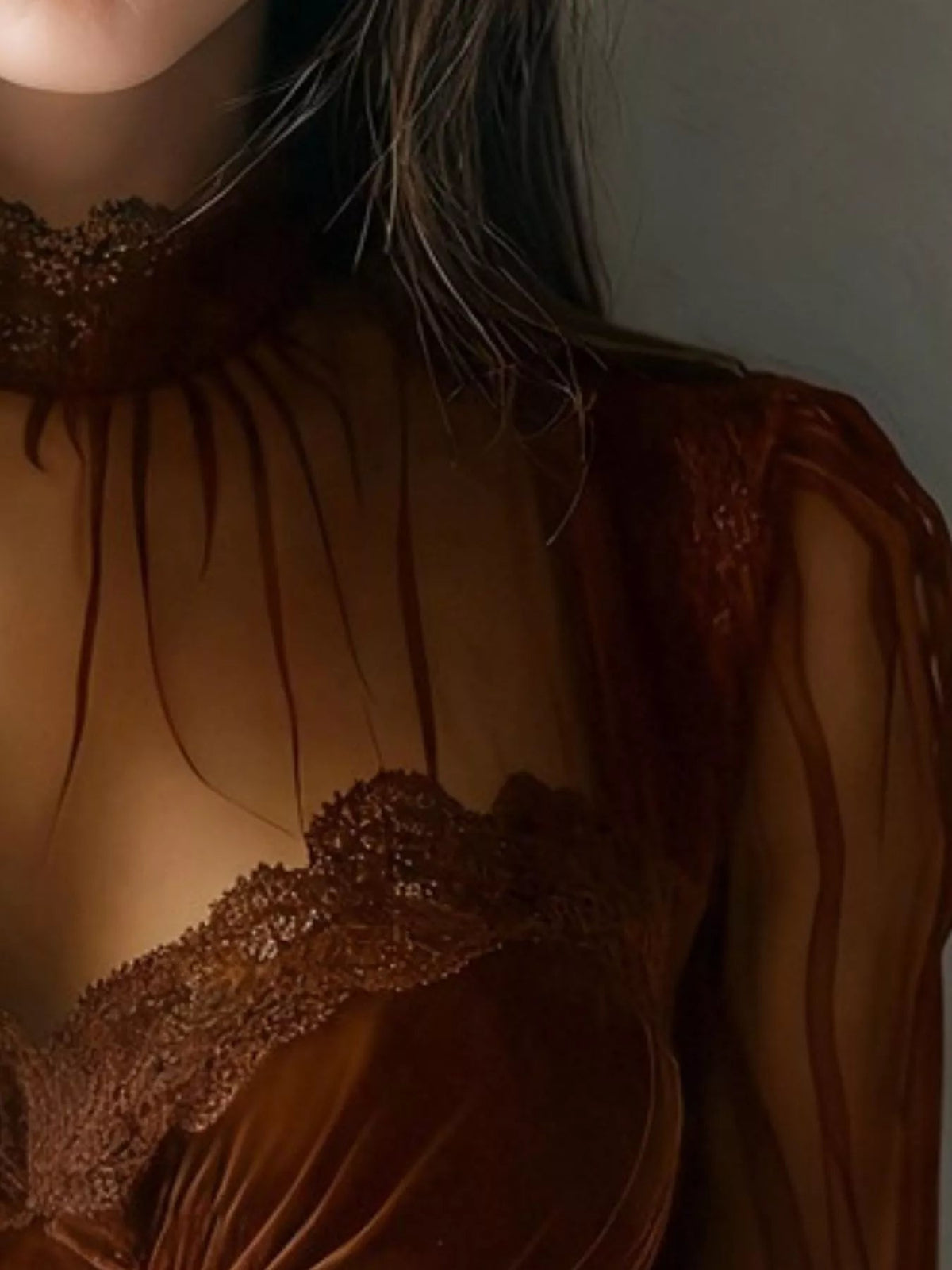 Lace Trim Velvet Sheer Sleeve Blouse Trendsi