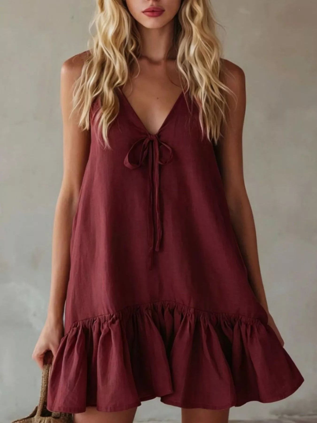 V-Neck Tie Front Ruffle Hem Mini Dress Luckygirlsclothingcompany.com