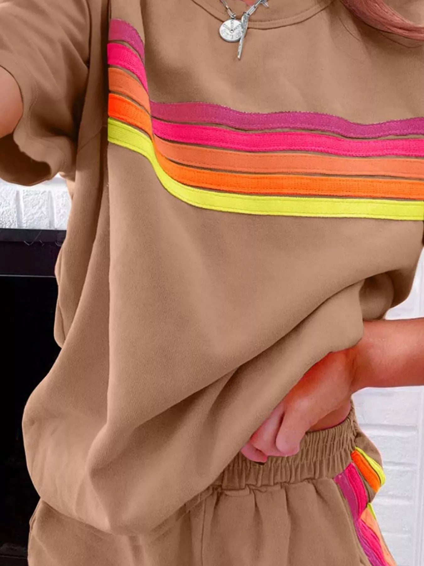Rainbow Striped Round Neck Top and Shorts Set Trendsi