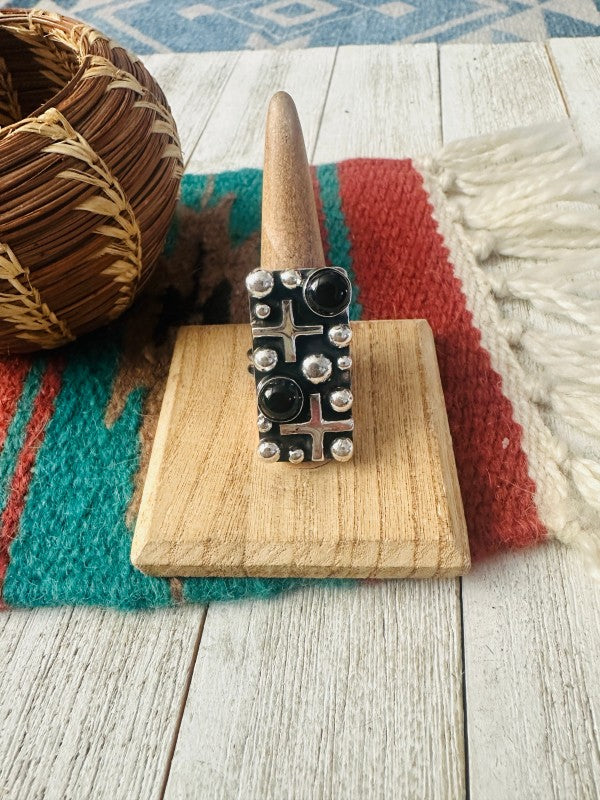 Navajo Onyx & Sterling Silver Cross Ring Chimney 