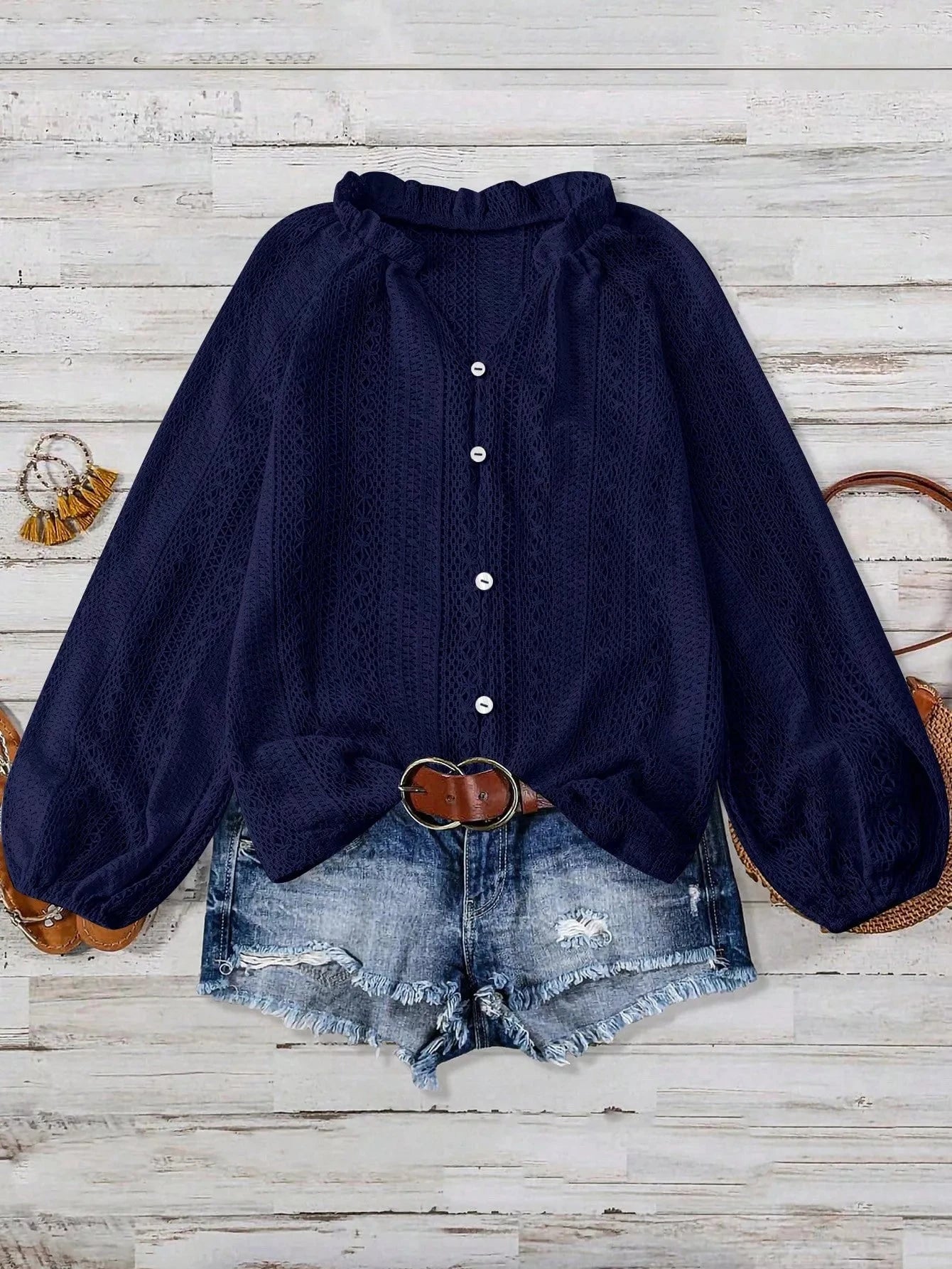 Lace Notched Long Sleeve Shirt 