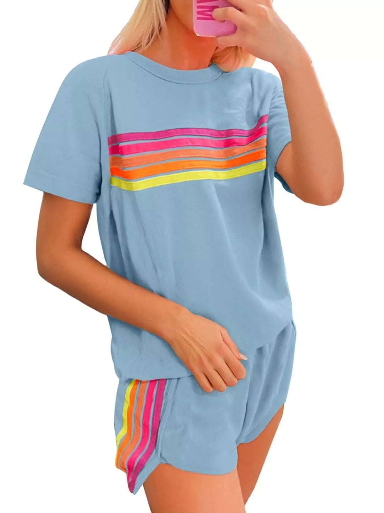 Rainbow Striped Round Neck Top and Shorts Set Trendsi