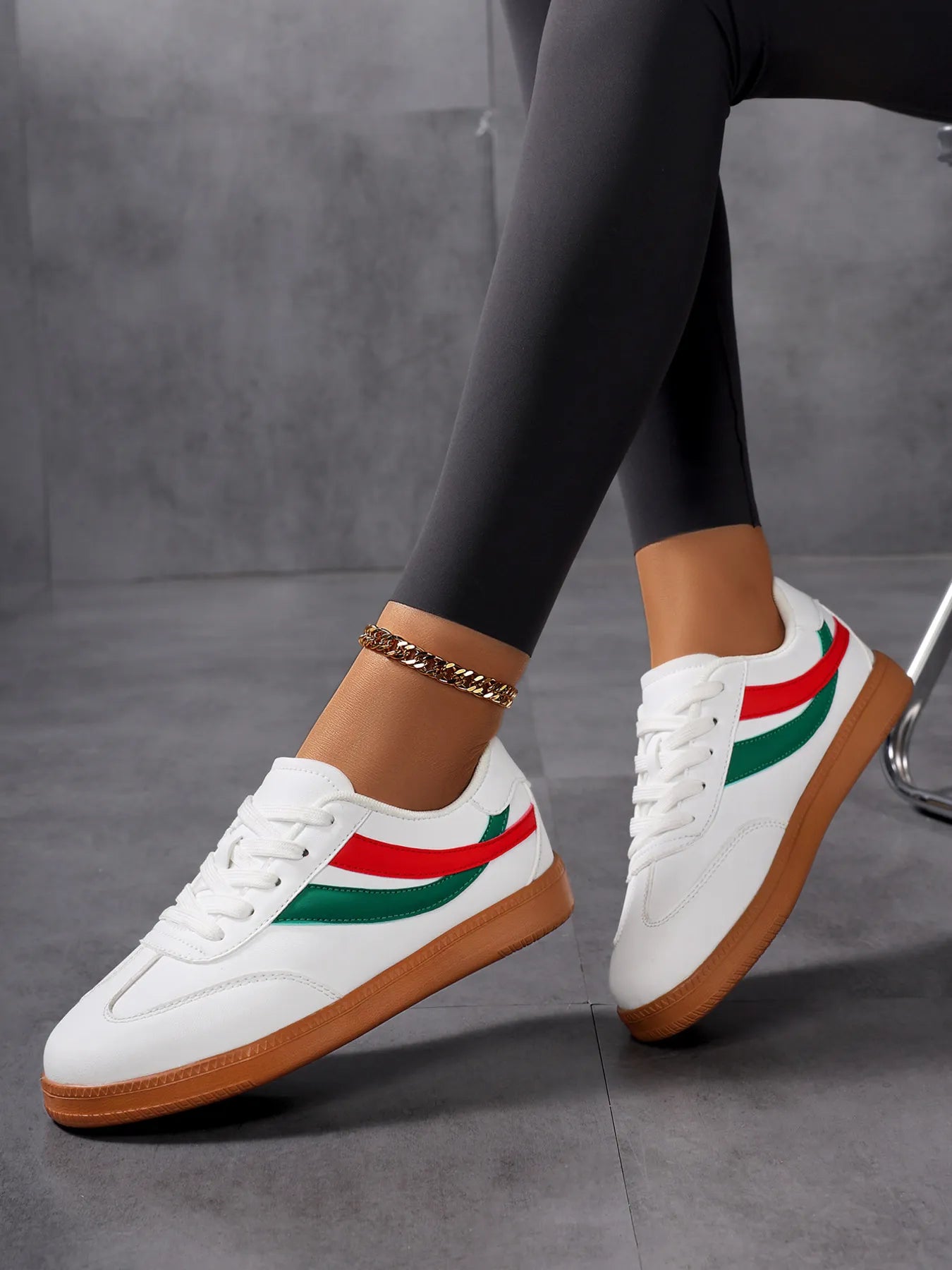 Lace Up Flat Sneakers with Stripe Accent 