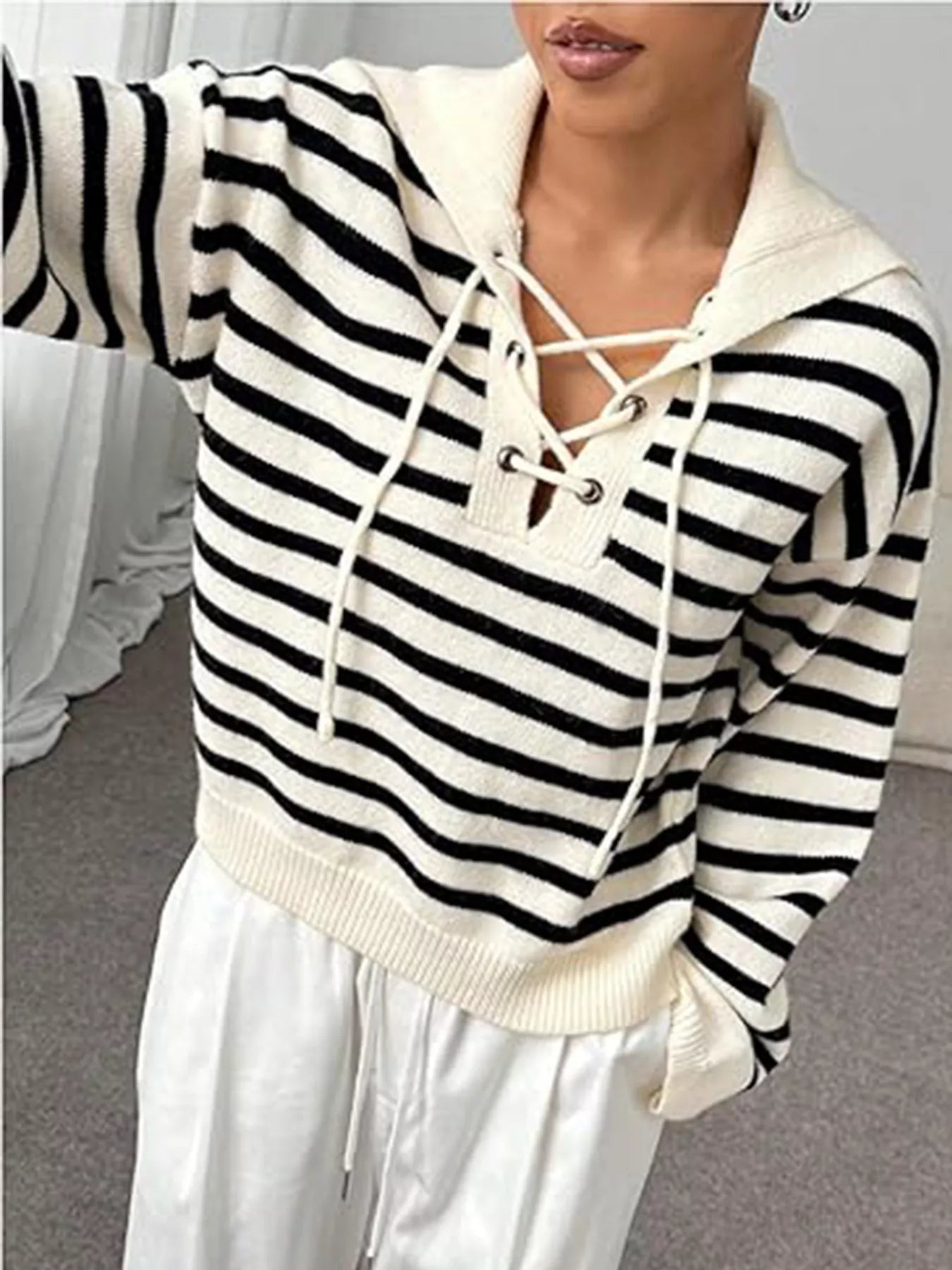 Striped Lace-Up Long Sleeve Sweater 