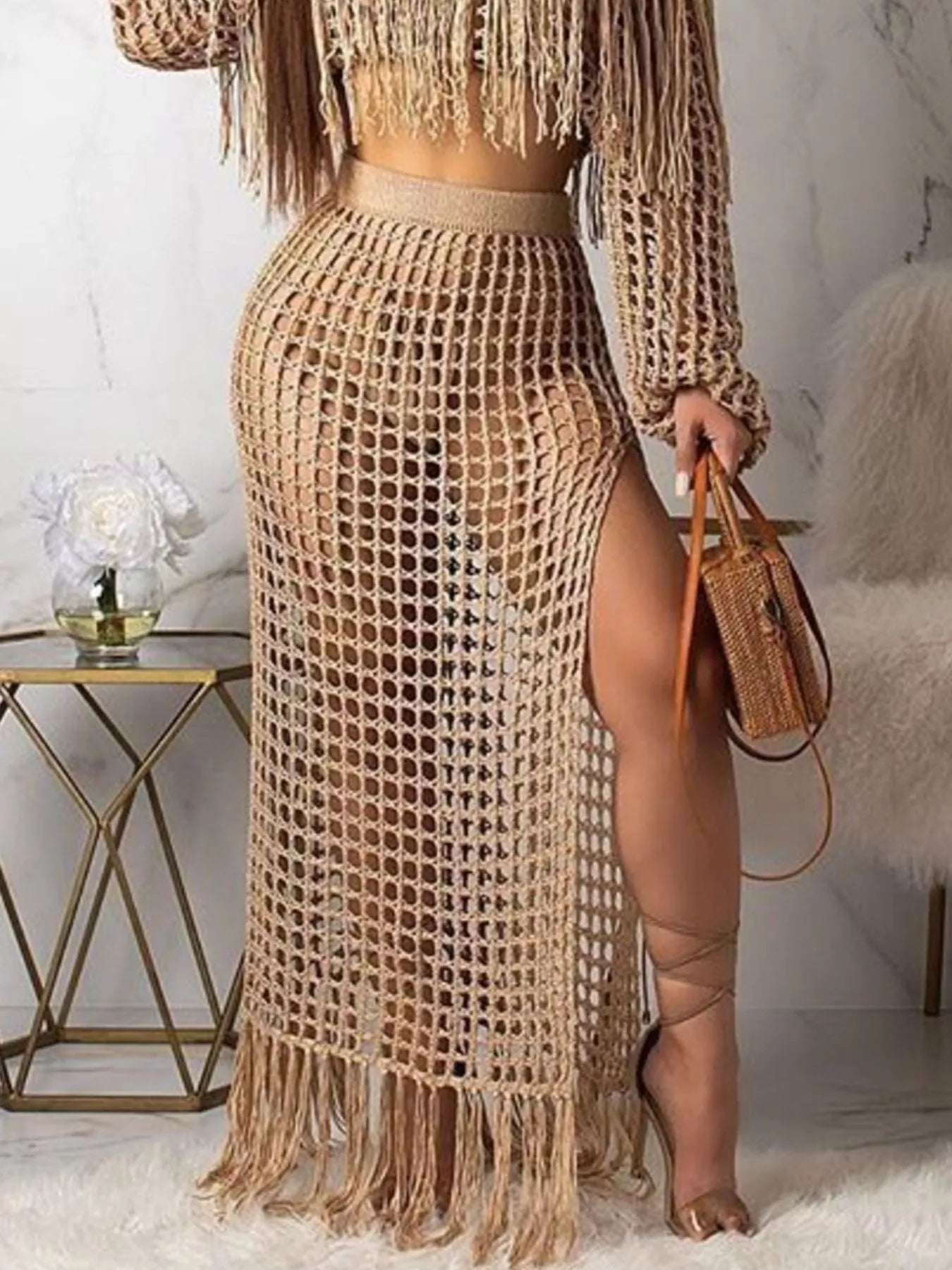 Full Size Crochet Off-Shoulder Fringe Top and Skirt Set Plus Size Trendsi