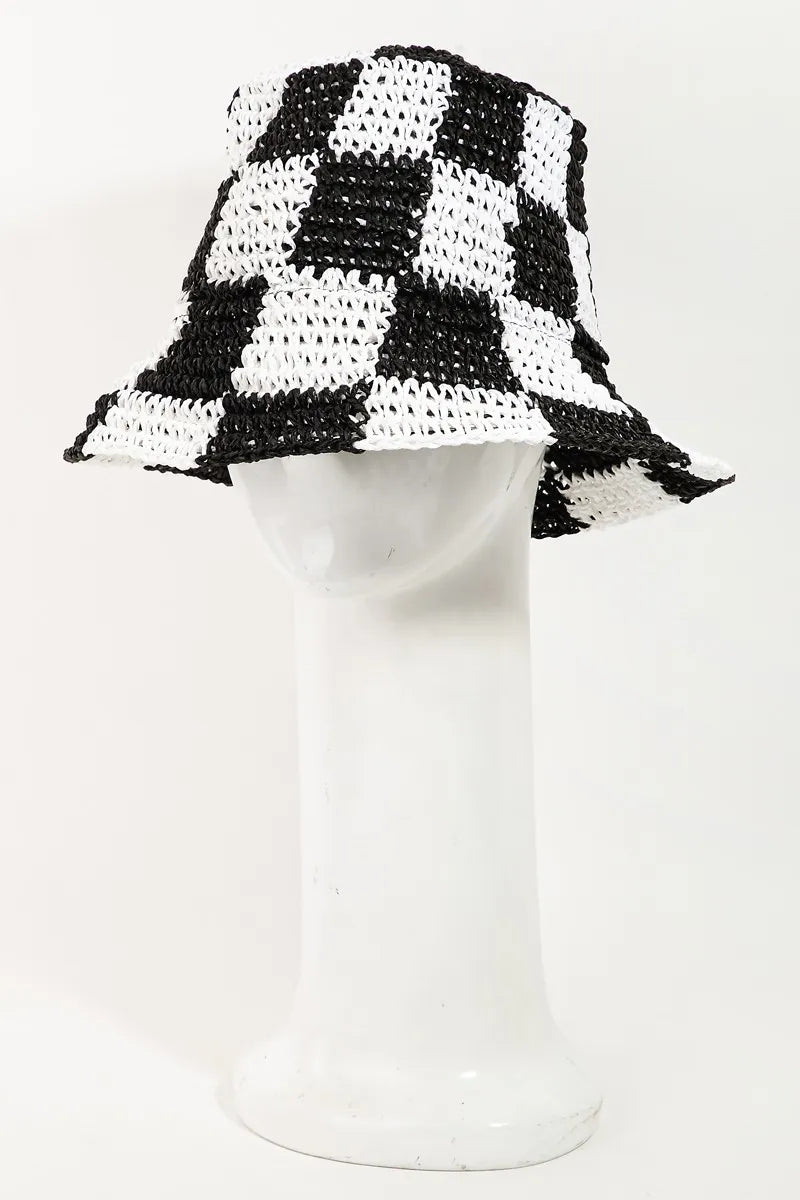 Fame Checkered Pattern Knit Bucket Hat 