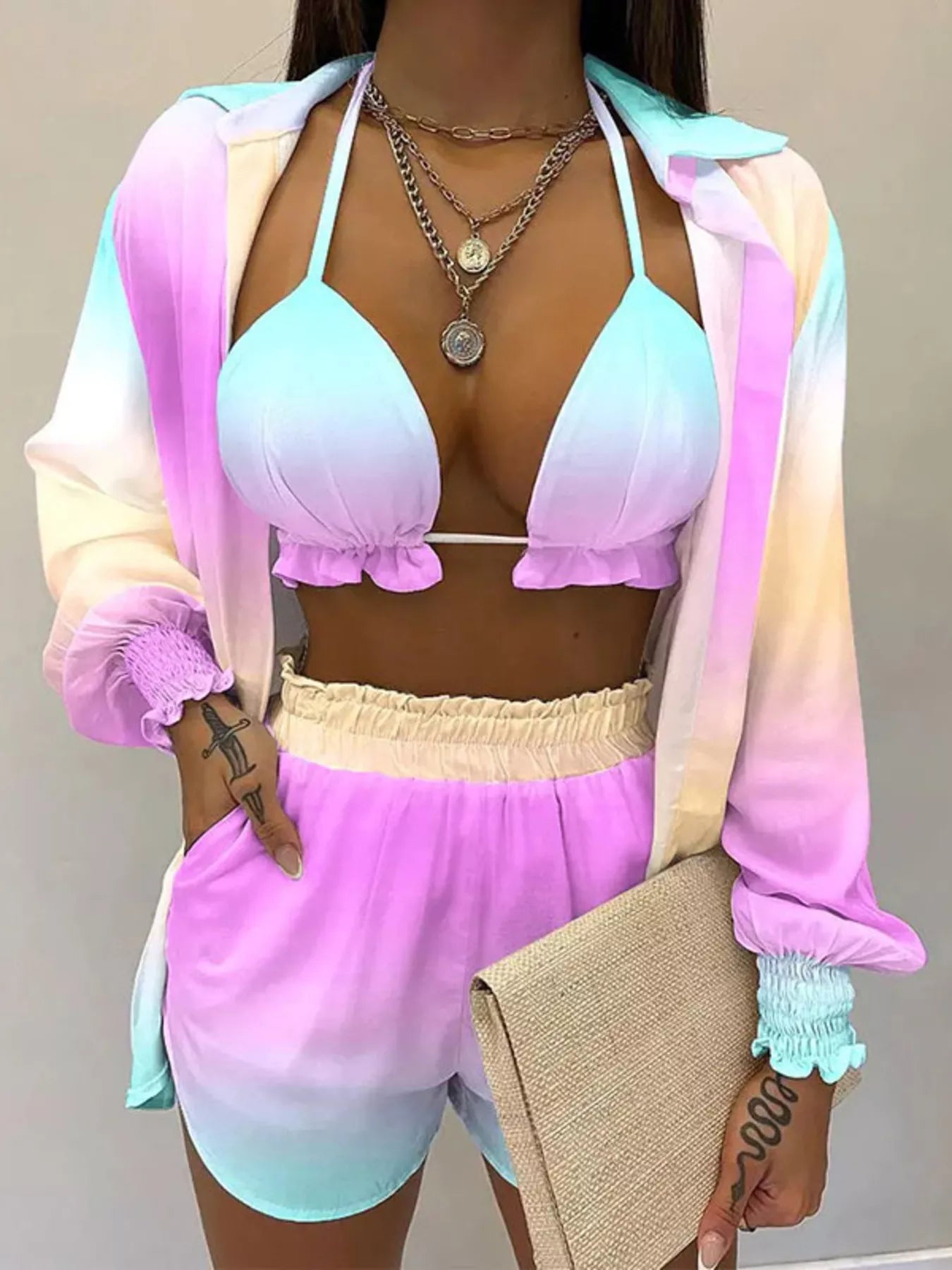 Full Size Halter Neck Cami & Shirt & Shorts 3-Piece Outfit Set Plus Size 