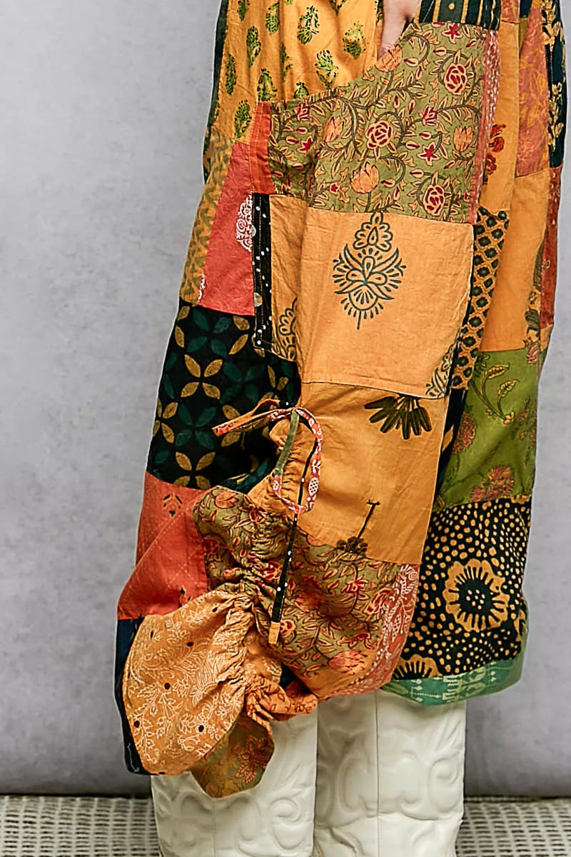 POL Printed Patchwork Wide Leg Pants with Adjustable Side Drawstring Trendsi