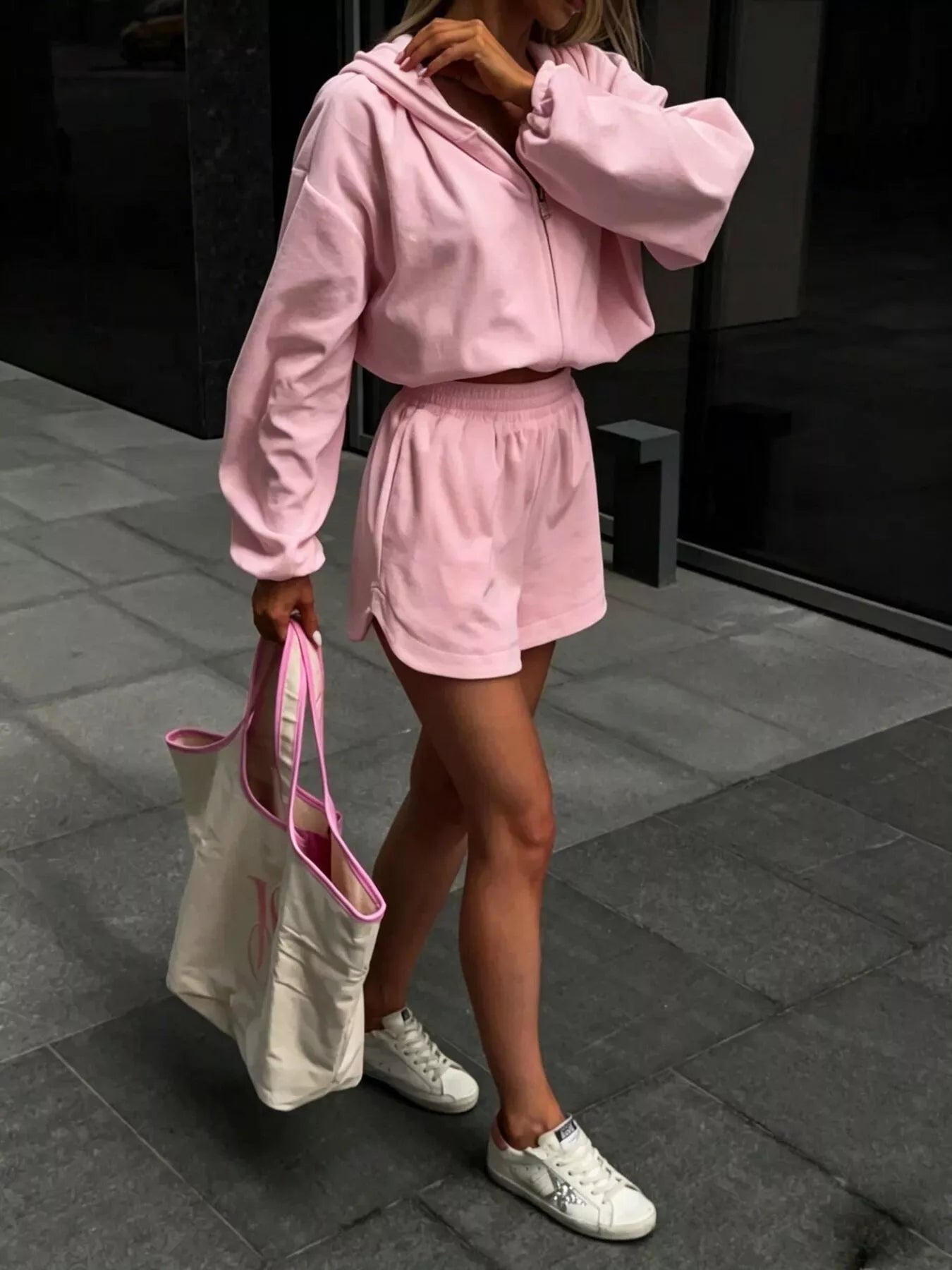 Zip Up Crop Hoodie and Shorts Set Trendsi